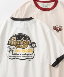 【POWER TO THE PEOPLE/パワー トゥザ ピープル】ゴースト&レコード キャラクターイラスト プリント+刺繍デザイン リンガーTシャツ/半袖Tシャツ