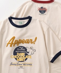 【POWER TO THE PEOPLE/パワー トゥザ ピープル】ゴースト＆レコード キャラクターイラスト プリント+刺繍デザイン リンガーTシャツ/半袖Tシャツ