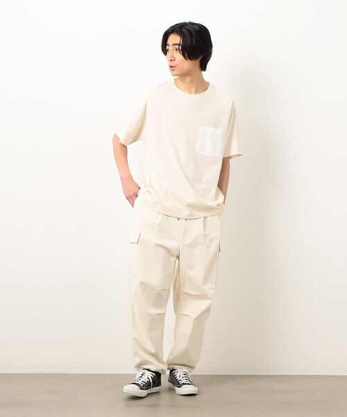 Purple&Yellow（パープルアンドイエロー）の「バックロゴプリント 布帛切替 半袖Ｔシャツ（Tシャツ/カットソー・メンズ・グレイッシュベージュ/アイボリー/ブラック/ターコイズブルー・SMALL/MEDIUM/LARGE）」の5枚目の写真