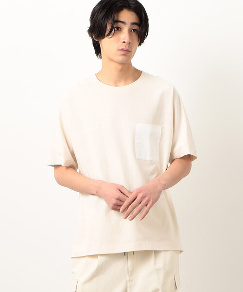 Purple&Yellow（パープルアンドイエロー）の「バックロゴプリント 布帛切替 半袖Ｔシャツ（Tシャツ/カットソー・メンズ・グレイッシュベージュ/アイボリー/ブラック/ターコイズブルー・SMALL/MEDIUM/LARGE）」の6枚目の写真