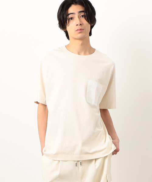 Purple&Yellow（パープルアンドイエロー）の「バックロゴプリント 布帛切替 半袖Ｔシャツ（Tシャツ/カットソー・メンズ・グレイッシュベージュ/アイボリー/ブラック/ターコイズブルー・SMALL/MEDIUM/LARGE）」の7枚目の写真