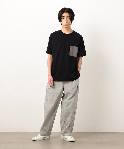 Purple&Yellow（パープルアンドイエロー）の「バックロゴプリント 布帛切替 半袖Ｔシャツ（Tシャツ/カットソー・メンズ・グレイッシュベージュ/アイボリー/ブラック/ターコイズブルー・SMALL/MEDIUM/LARGE）」の12枚目の写真