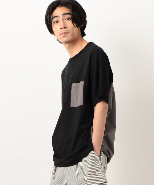 Purple&Yellow（パープルアンドイエロー）の「バックロゴプリント 布帛切替 半袖Ｔシャツ（Tシャツ/カットソー・メンズ・グレイッシュベージュ/アイボリー/ブラック/ターコイズブルー・SMALL/MEDIUM/LARGE）」の15枚目の写真