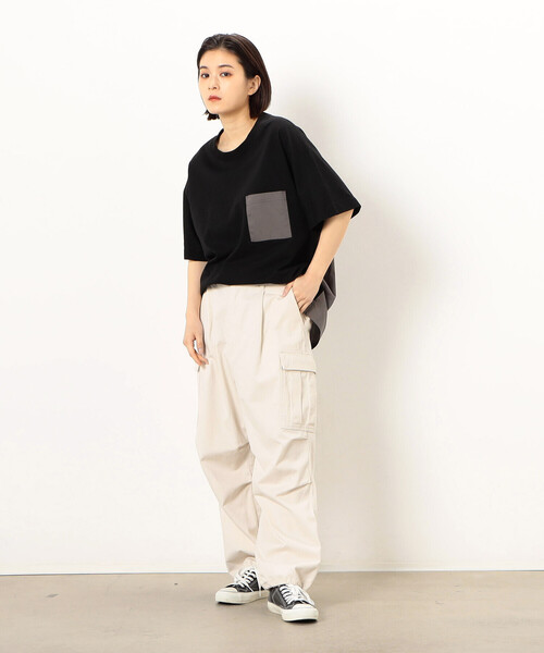 Purple&Yellow（パープルアンドイエロー）の「バックロゴプリント 布帛切替 半袖Ｔシャツ（Tシャツ/カットソー・メンズ・グレイッシュベージュ/アイボリー/ブラック/ターコイズブルー・SMALL/MEDIUM/LARGE）」の17枚目の写真