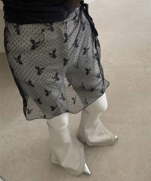 GEMEDA(ジェメダ)の「リボンドットチュールパレオ(スカート・レディース・ホワイト/ブラック・M)」の2枚目の写真