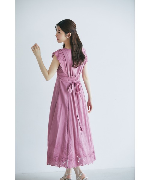 ウエストりぼん付きコットンカットワークレース刺繍ワンピース