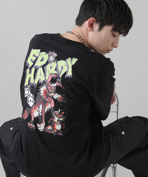 Ed Hardy(エドハーディー)の「Buyer's Select/ED HARDYアートバックプリントウルフプリント半袖Tシャツ(Tシャツ/カットソー・メンズ・ブラック/ホワイト/ライム・M/L)」の1枚目の写真