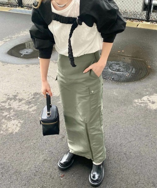 ISOOK（アイスー）の「ジップスリットカーゴスカート(kiharu original) / ミリタリースカート ロング スリットスカート デザインスカート（スカート・レディース・カーキ/ブラック・FREE）」の20枚目の写真