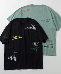 make a ray!（メイク ア レイ！）の「フラワープリント＆ハート刺繍 落書きデザイン 半袖プリントTシャツ/ビッグシルエット/オーバーサイズ（Tシャツ/カットソー・メンズ）」