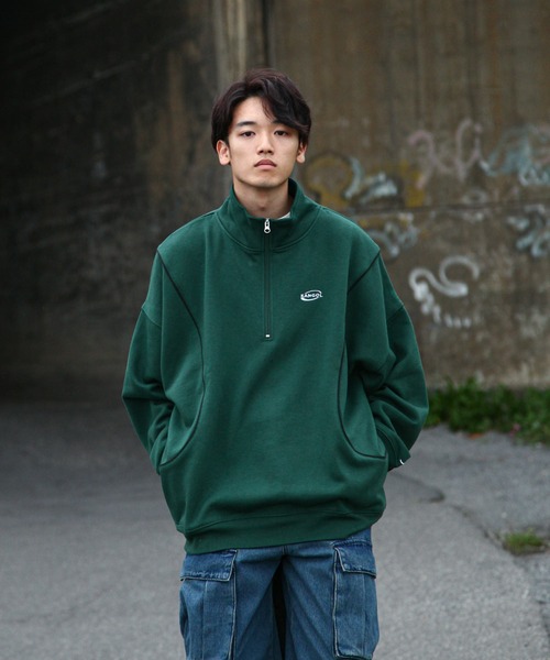 KANGOL（カンゴール）の「【別注】 ZIP FIVE × KANGOL パイピング バルーンシルエット ハーフジップ スウェット トレーナー / 長袖（スウェット・メンズ・ネイビー/オートミール/ブラック/ダークグリーン/杢グレー/チャコール/ホワイト・LARGE/MEDIUM/X-LARGE）」の22枚目の写真