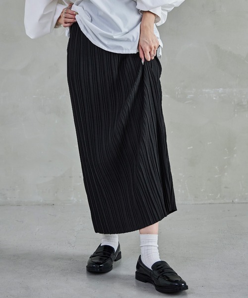 Fashion Letter（ファッションレター）の「プリーツタイトスカート ウエストゴム 秋 冬（スカート・レディース・グレイッシュベージュ/ブラウン/カーキ/グリーン/チャコール/ブラック・L/M）」の2枚目の写真