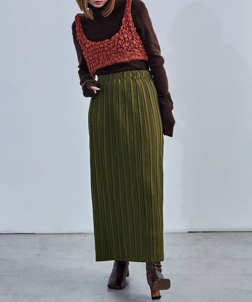 Fashion Letter（ファッションレター）の「プリーツタイトスカート ウエストゴム 秋 冬（スカート・レディース・グレイッシュベージュ/ブラウン/カーキ/グリーン/チャコール/ブラック・L/M）」の19枚目の写真