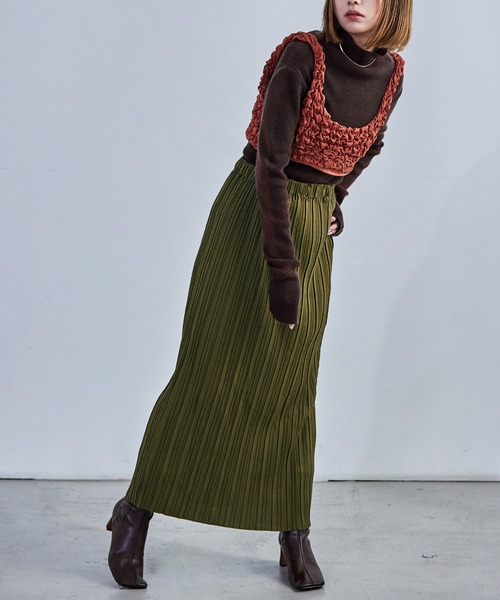Fashion Letter（ファッションレター）の「プリーツタイトスカート ウエストゴム 秋 冬（スカート・レディース・グレイッシュベージュ/ブラウン/カーキ/グリーン/チャコール/ブラック・L/M）」の21枚目の写真