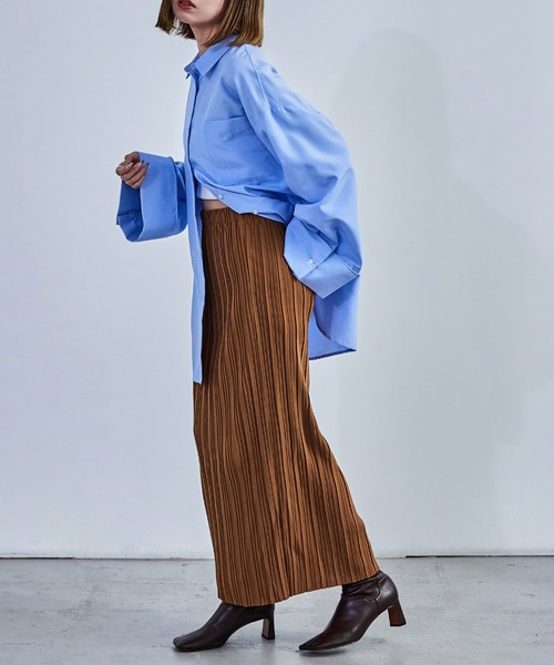 Fashion Letter（ファッションレター）の「プリーツタイトスカート ウエストゴム 秋 冬（スカート・レディース・グレイッシュベージュ/ブラウン/カーキ/グリーン/チャコール/ブラック・L/M）」の10枚目の写真