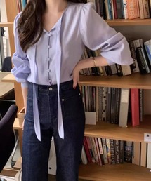 韓国風ボウタイブラウスレディースきれいめ