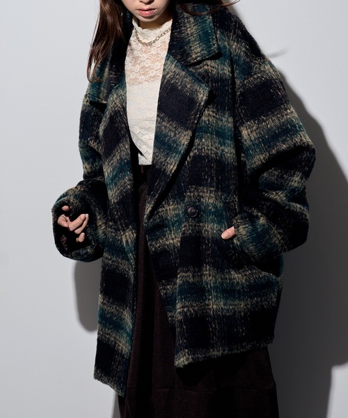 MAISON BREEZE reveur(メゾンブリーズレヴール)の「【MAISON BREEZE reveur】シャギーチェック コクーンミドルコート DTK(チェスターコート・レディース・ブラック/ブラウン/ブルー・FREE)」の6枚目の写真