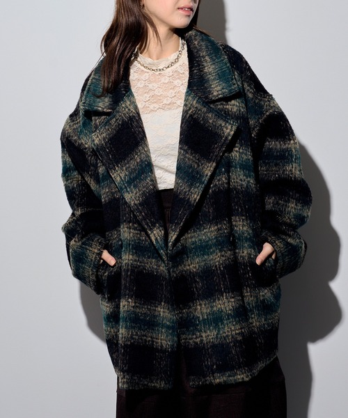 MAISON BREEZE reveur(メゾンブリーズレヴール)の「【MAISON BREEZE reveur】シャギーチェック コクーンミドルコート DTK(チェスターコート・レディース・ブラック/ブラウン/ブルー・FREE)」の5枚目の写真