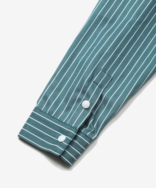 rehacer（レアセル）の「rehacer : Garden Stripe Shirt Jacket / ガーデン ストライプ シャツジャケット（シャツ/ブラウス・メンズ・グリーン/サックスブルー・SMALL/MEDIUM/LARGE/X-LARGE）」の15枚目の写真