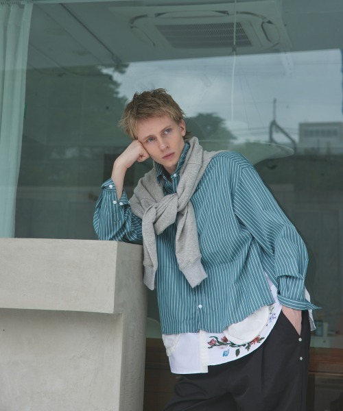 rehacer（レアセル）の「rehacer : Garden Stripe Shirt Jacket / ガーデン ストライプ シャツジャケット（シャツ/ブラウス・メンズ・グリーン/サックスブルー・SMALL/MEDIUM/LARGE/X-LARGE）」の22枚目の写真