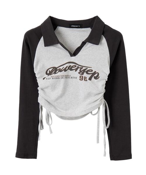 dispark(ディスパーク)の「DISPARK/サイドギャザー配色ロゴVネックトップス(Tシャツ/カットソー・レディース・グレー/ブラウン・FREE)」の4枚目の写真