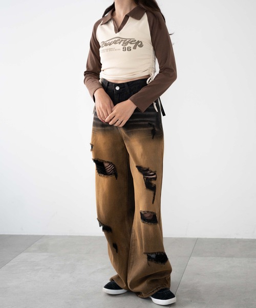 dispark(ディスパーク)の「DISPARK/サイドギャザー配色ロゴVネックトップス(Tシャツ/カットソー・レディース・グレー/ブラウン・FREE)」の19枚目の写真
