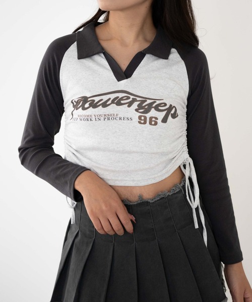dispark(ディスパーク)の「DISPARK/サイドギャザー配色ロゴVネックトップス(Tシャツ/カットソー・レディース・グレー/ブラウン・FREE)」の12枚目の写真