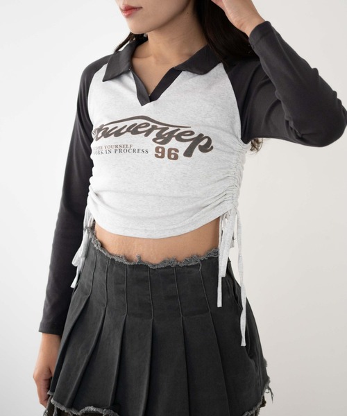 dispark(ディスパーク)の「DISPARK/サイドギャザー配色ロゴVネックトップス(Tシャツ/カットソー・レディース・グレー/ブラウン・FREE)」の13枚目の写真