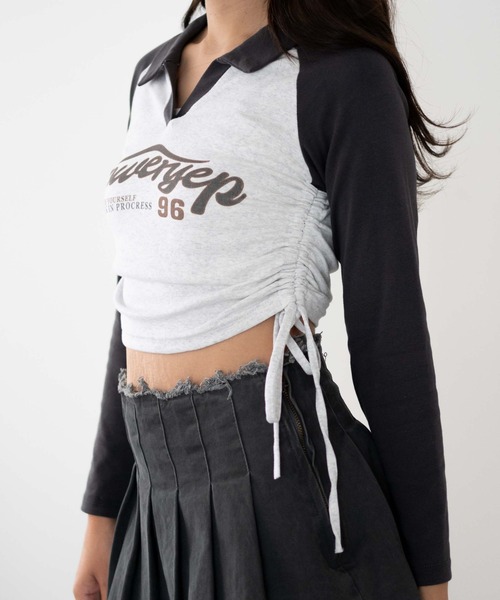 dispark(ディスパーク)の「DISPARK/サイドギャザー配色ロゴVネックトップス(Tシャツ/カットソー・レディース・グレー/ブラウン・FREE)」の14枚目の写真