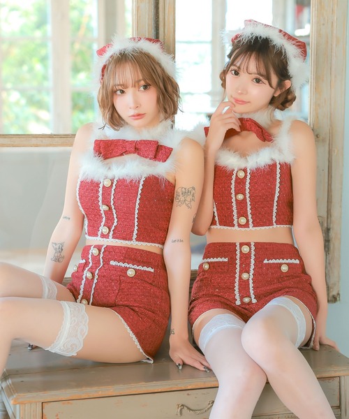 サンタコス 4点set へそ出しトップス×ショートパンツレーステープパールツイードガーリーツインサンタコスプレ（コスチューム/パーティーグッズ）｜Tika（ティカ） 8,615円