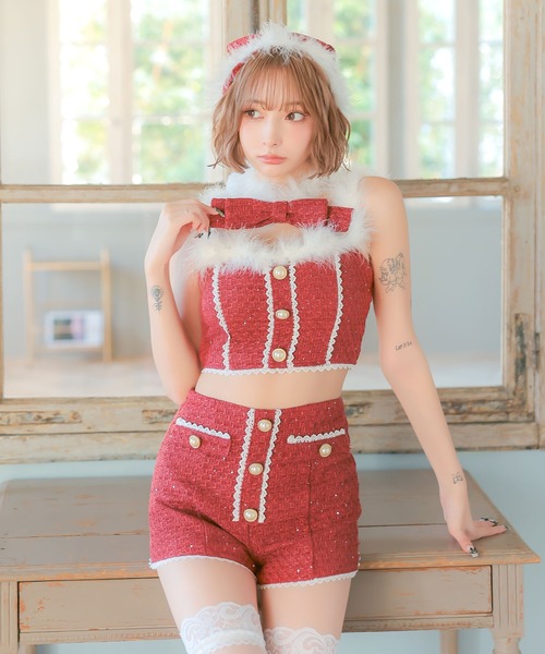 サンタコス 4点set へそ出しトップス×ショートパンツレーステープパールツイードガーリーツインサンタコスプレ(コスチューム/パーティーグッズ)|Tika(ティカ) サンタコス 4点set へそ出しトップス×ショートパンツレーステープパールツイードガーリーツインサンタコスプレ(コスチューム/パーティーグッズ)|Tika(ティカ)