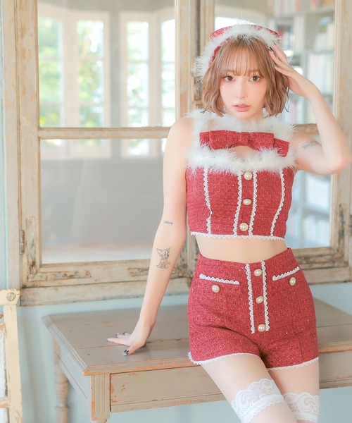 サンタコス 4点set へそ出しトップス×ショートパンツレーステープパールツイードガーリーツインサンタコスプレ(コスチューム/パーティーグッズ)|Tika(ティカ) サンタコス 4点set へそ出しトップス×ショートパンツレーステープパールツイードガーリーツインサンタコスプレ(コスチューム/パーティーグッズ)|Tika(ティカ)