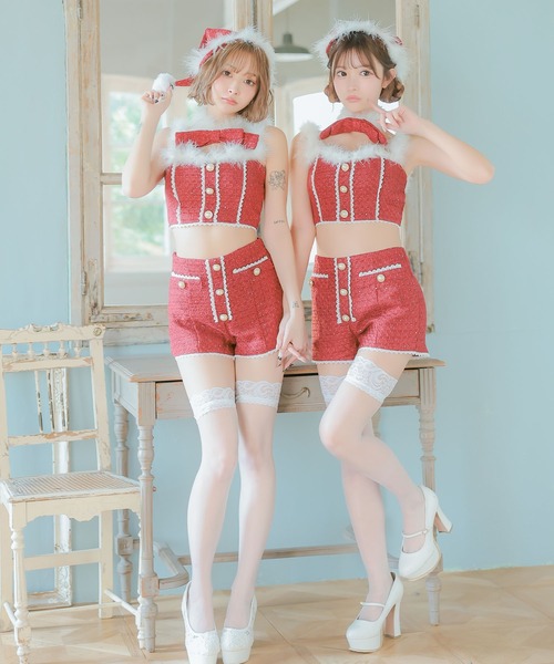 サンタコス 4点set へそ出しトップス×ショートパンツレーステープパールツイードガーリーツインサンタコスプレ(コスチューム/パーティーグッズ)|Tika(ティカ) サンタコス 4点set へそ出しトップス×ショートパンツレーステープパールツイードガーリーツインサンタコスプレ(コスチューム/パーティーグッズ)|Tika(ティカ)