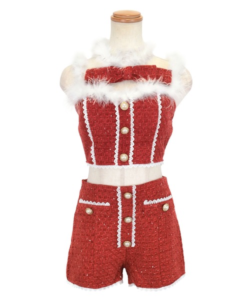 サンタコス 4点set へそ出しトップス×ショートパンツレーステープパールツイードガーリーツインサンタコスプレ(コスチューム/パーティーグッズ)|Tika(ティカ) サンタコス 4点set へそ出しトップス×ショートパンツレーステープパールツイードガーリーツインサンタコスプレ(コスチューム/パーティーグッズ)|Tika(ティカ)