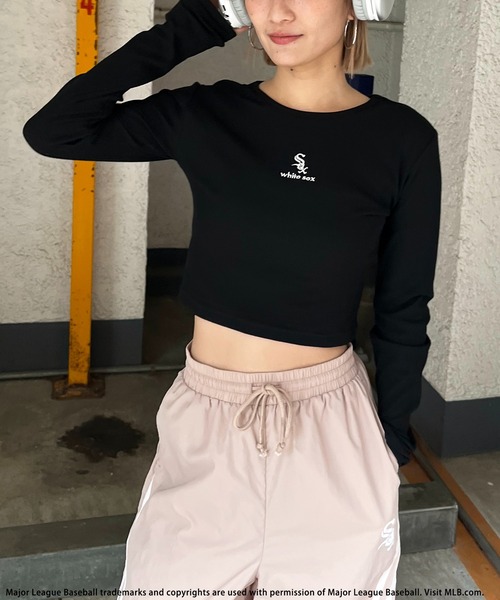 tシャツ 「MLB」刺繍ロゴリブトップス レディース セール】【MLB】刺繍ロゴリブトップス（Tシャツ/カットソー