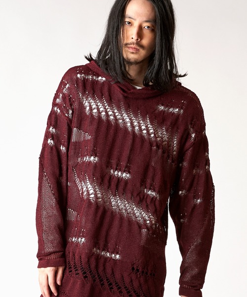 NO ID.(ノーアイディ)の「【NO ID.】Sheer Knit Big Parka / シアー ニット ビッグ パーカ(ニット/セーター・メンズ・その他24/ワイン/ブラック・ONE SIZE)」の3枚目の写真
