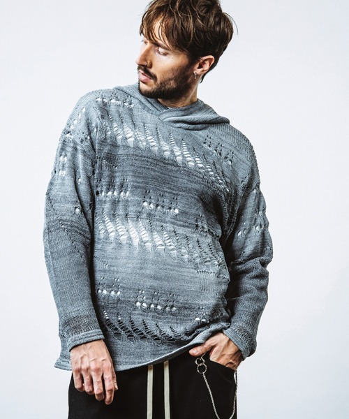 NO ID.(ノーアイディ)の「【NO ID.】Sheer Knit Big Parka / シアー ニット ビッグ パーカ(ニット/セーター・メンズ・その他24/ワイン/ブラック・ONE SIZE)」の10枚目の写真