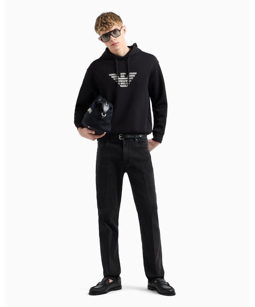 EMPORIO ARMANI(エンポリオアルマーニ)の「【エンポリオ アルマーニ】フード付きスウェットシャツ ダブルジャージー グラデーションストライプ刺繍(スウェット・メンズ・ブラック・MEDIUM/LARGE/SMALL/X-LARGE)」の3枚目の写真