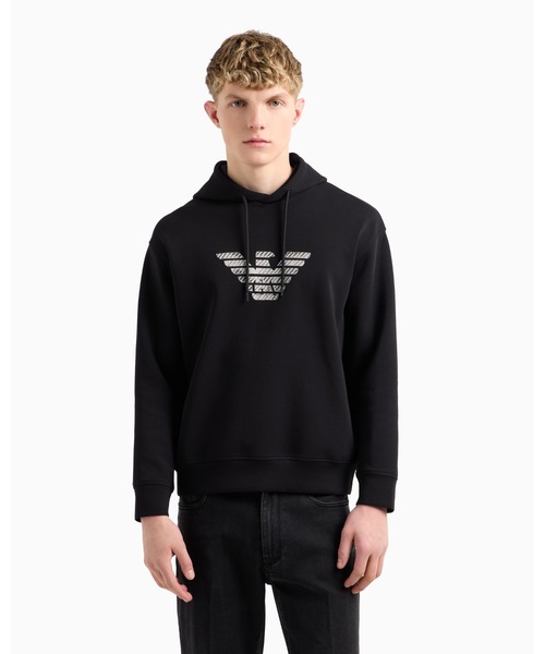 EMPORIO ARMANI(エンポリオアルマーニ)の「【エンポリオ アルマーニ】フード付きスウェットシャツ ダブルジャージー グラデーションストライプ刺繍(スウェット・メンズ・ブラック・MEDIUM/LARGE/SMALL/X-LARGE)」の4枚目の写真