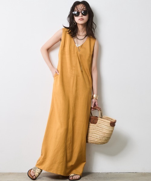 レーヨン麻Vネックロングワンピース＜大きいサイズ有＞シック