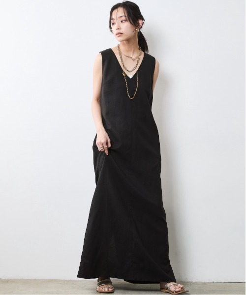 レーヨン麻Vネックロングワンピース＜大きいサイズ有＞シック