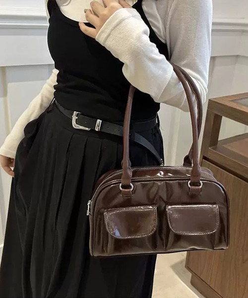 セール】横長バッグ フロントダブルポケット ボストンバッグ 赤