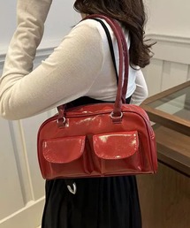 横長バッグ フロントダブルポケット ボストンバッグ 赤