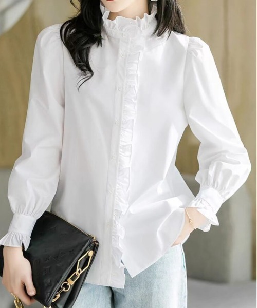 ホワイトフリル長袖シャツ
