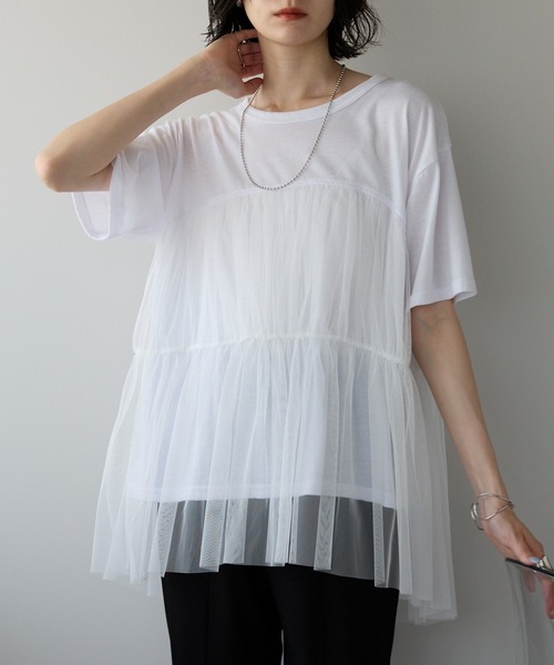 tシャツ ティアードチュールカットソー レディース moment+ tシャツ チュール袖ティアードフリル半袖カットソー