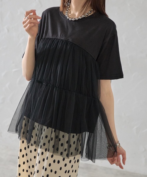 セール】チュールティアード半袖Tシャツ（Tシャツ/カットソー