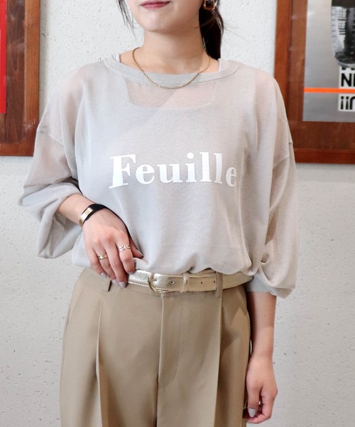 Jines(ジネス)の「ロゴプリントシアーオーバーニット(ニット/セーター・レディース・ホワイト/ベージュ/グリーン/ネイビー・38)」の2枚目の写真