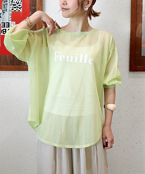 Jines(ジネス)の「ロゴプリントシアーオーバーニット(ニット/セーター・レディース・ホワイト/ベージュ/グリーン/ネイビー・38)」の3枚目の写真