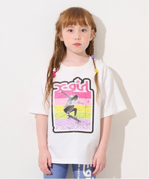 X-girl Stages(エックスガールステージス)の「スケボーガール転写プリント半袖Tシャツ(Tシャツ/カットソー・キッズ・オフホワイト/ブラック・130cm/110cm/120cm/140cm/100cm/90cm)」の2枚目の写真