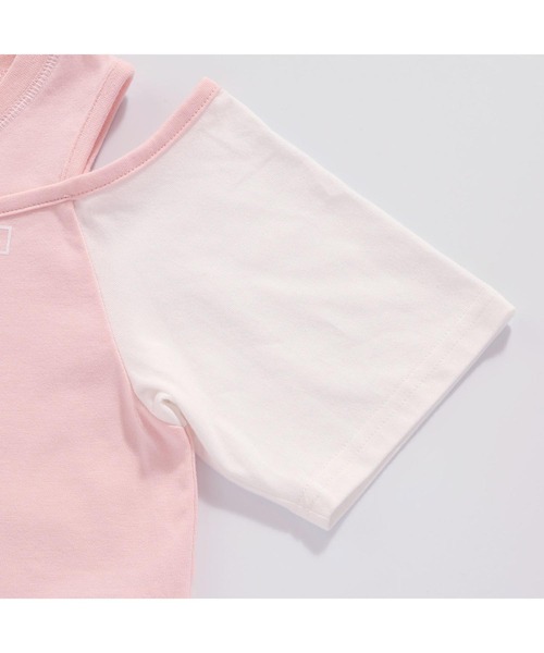 セール】【コットン100％】配色肩あきレイヤード風短丈Tシャツ