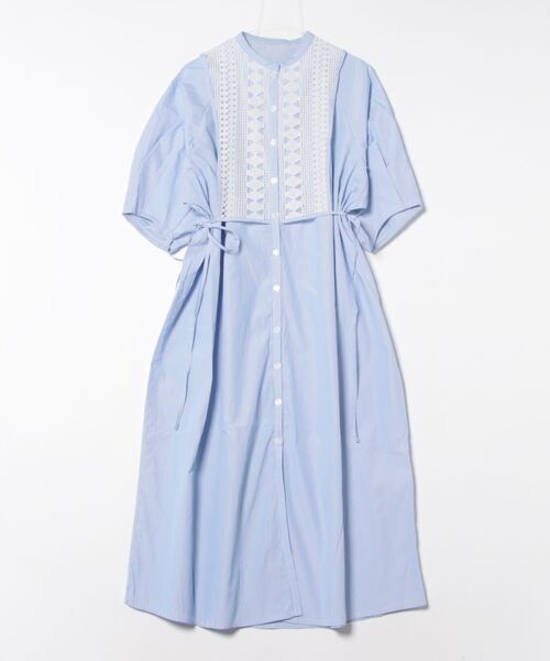 KID BLUE ストライプ レース ルームウェア シャツワンピース セール】ストライプ×レース切替バンドカラーシャツワンピース